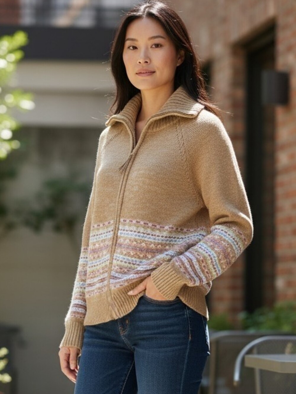 Vintage Tiara Beige Zip-Front Sweater Cardigan with Multicolor Fair Isle Band